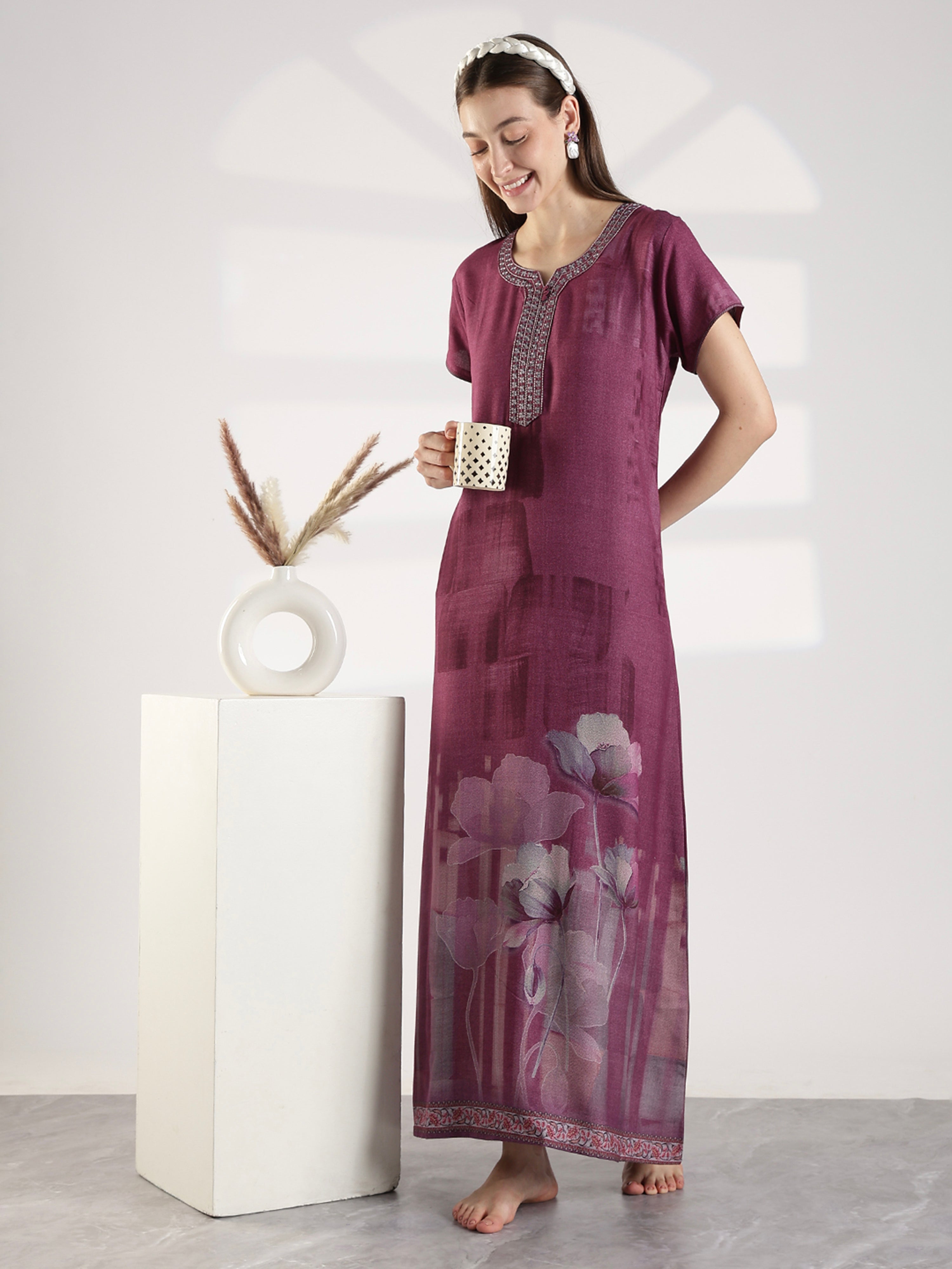 Buy Alpine Floral Nighty for Women Purple Embroidered – 9shines label