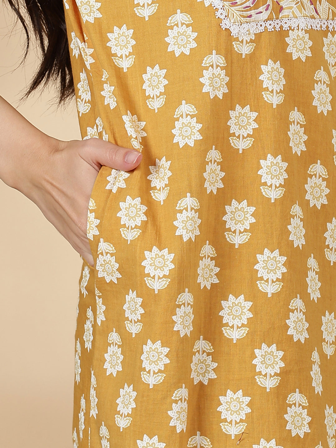 Pure Cotton Kantha Work Floral Nighty for Women Relaxed Fit