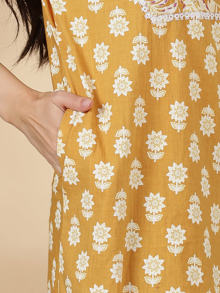 Pure Cotton Kantha Work Floral Nighty for Women Relaxed Fit