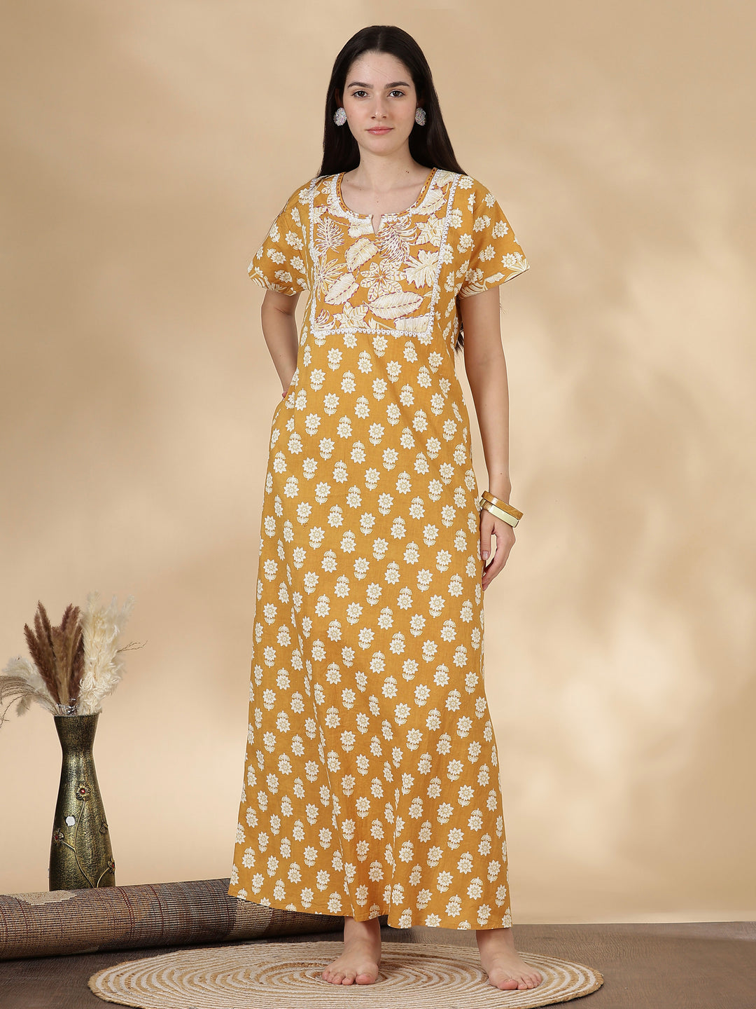 Pure Cotton Kantha Work Floral Nighty for Women Relaxed Fit