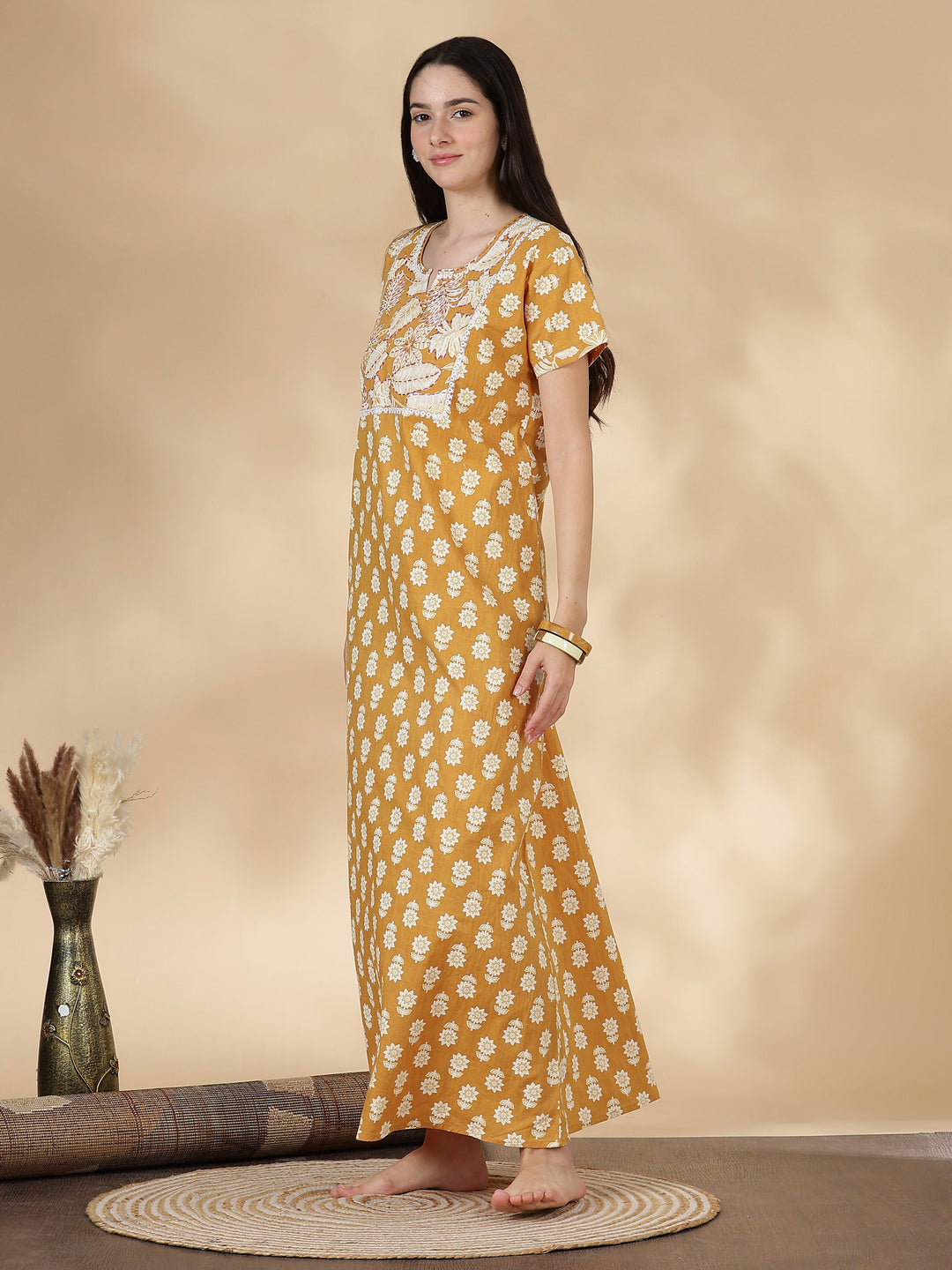 Pure Cotton Kantha Work Floral Nighty for Women Relaxed Fit