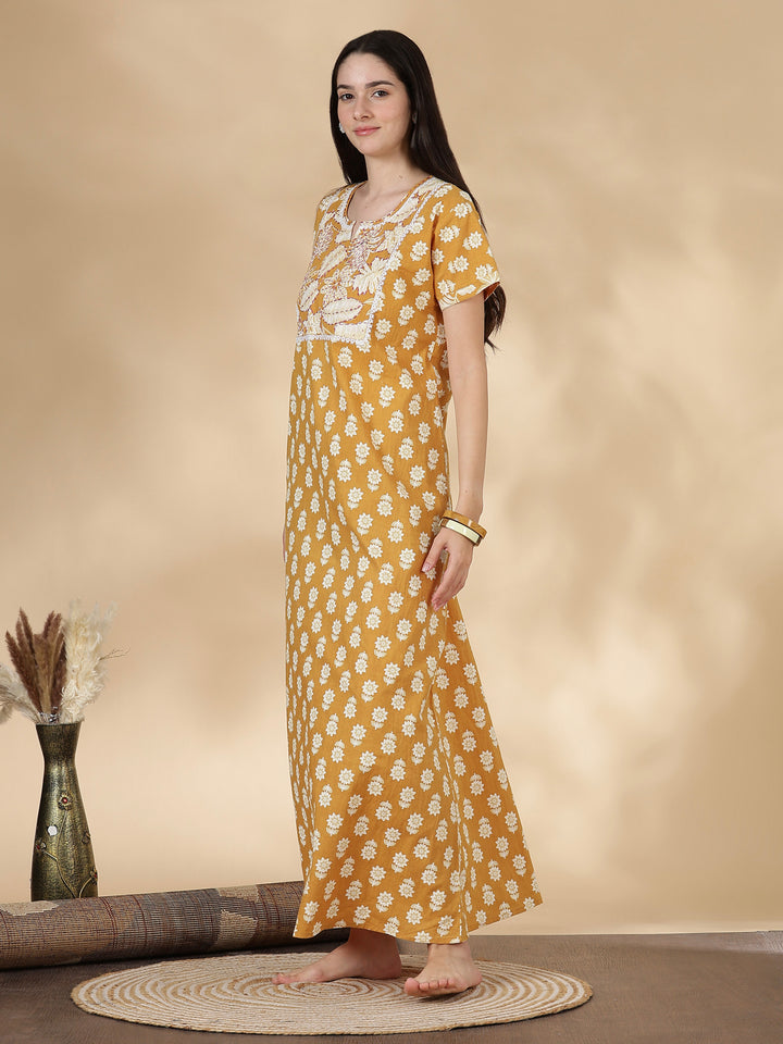 Pure Cotton Kantha Work Floral Nighty for Women Relaxed Fit
