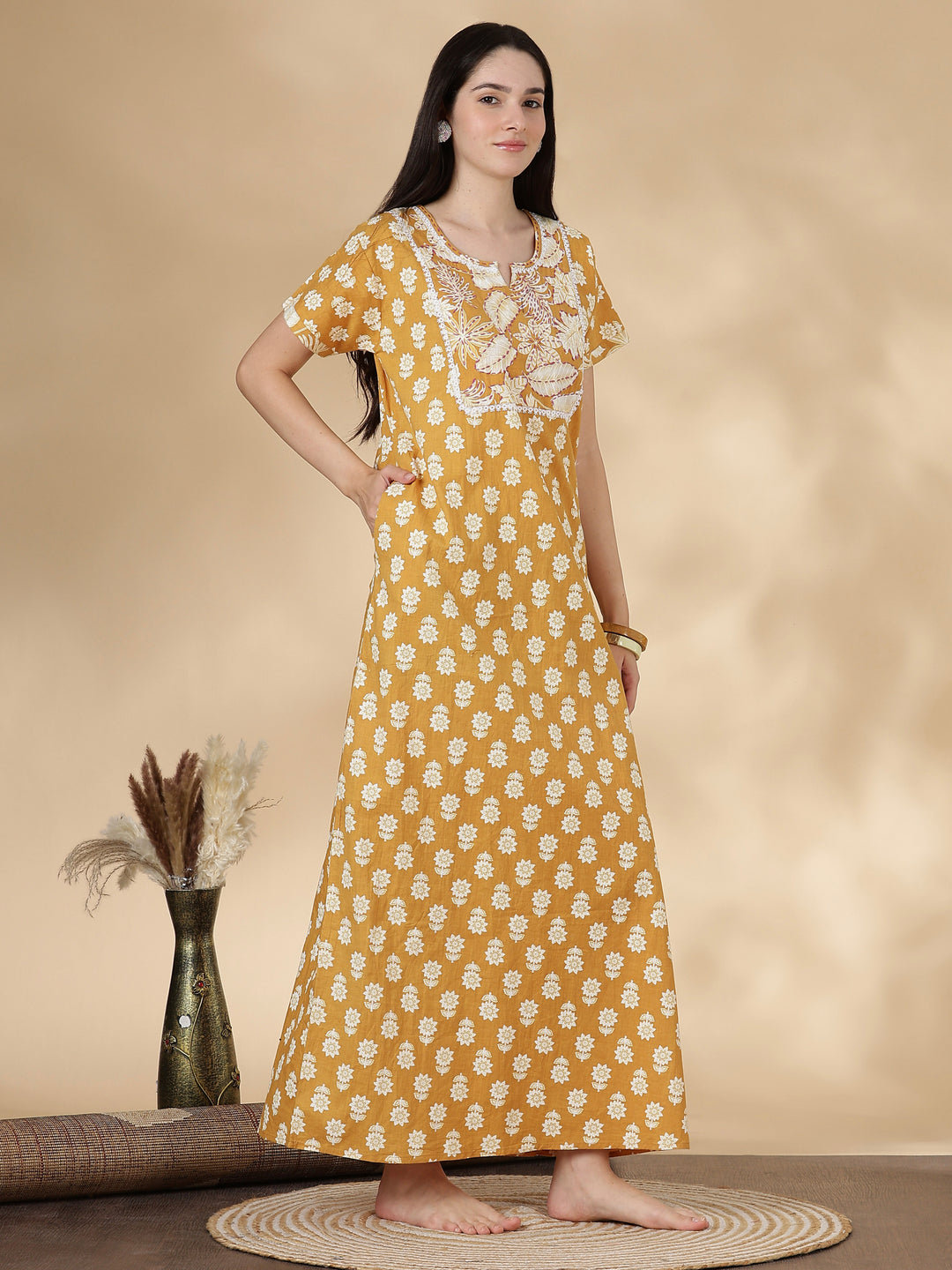 Pure Cotton Kantha Work Floral Nighty for Women Relaxed Fit