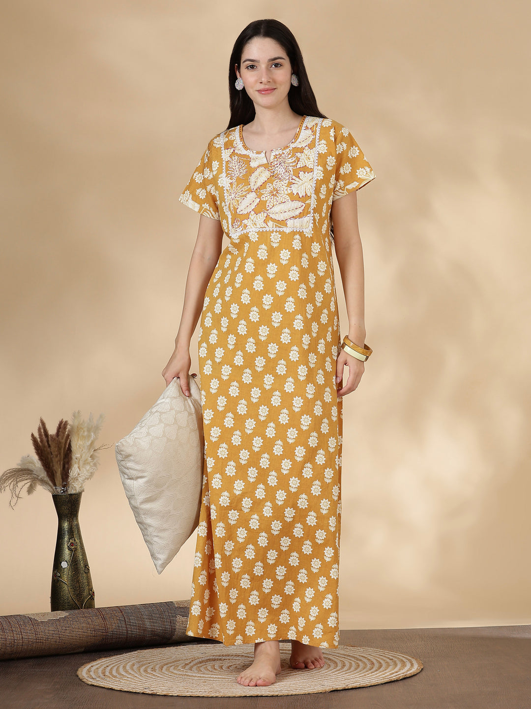 Pure Cotton Kantha Work Floral Nighty for Women Relaxed Fit