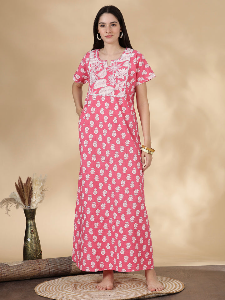 Tropica Pink Pure Cotton Floral Kantha Work Nighty