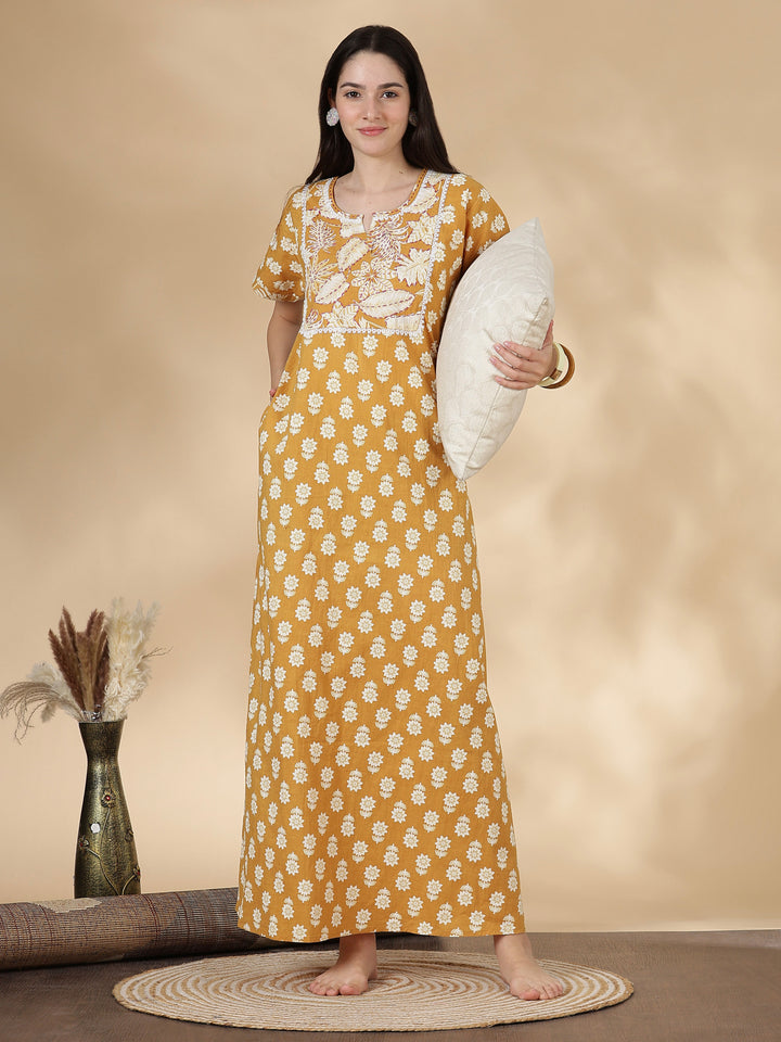 Pure Cotton Kantha Work Floral Nighty for Women Relaxed Fit