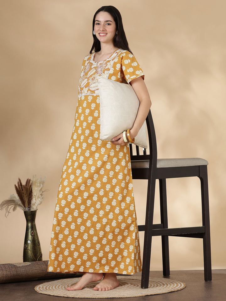 Pure Cotton Kantha Work Floral Nighty for Women Relaxed Fit