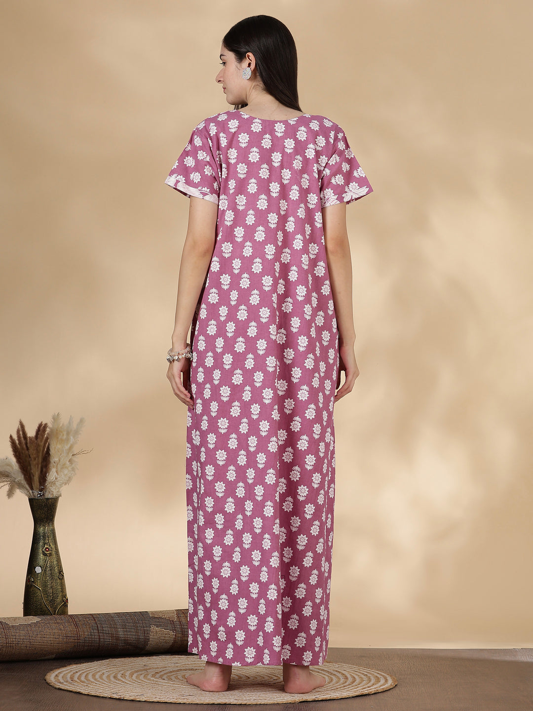 Tropica Mauve Pure Cotton Floral Kantha Work Nighty