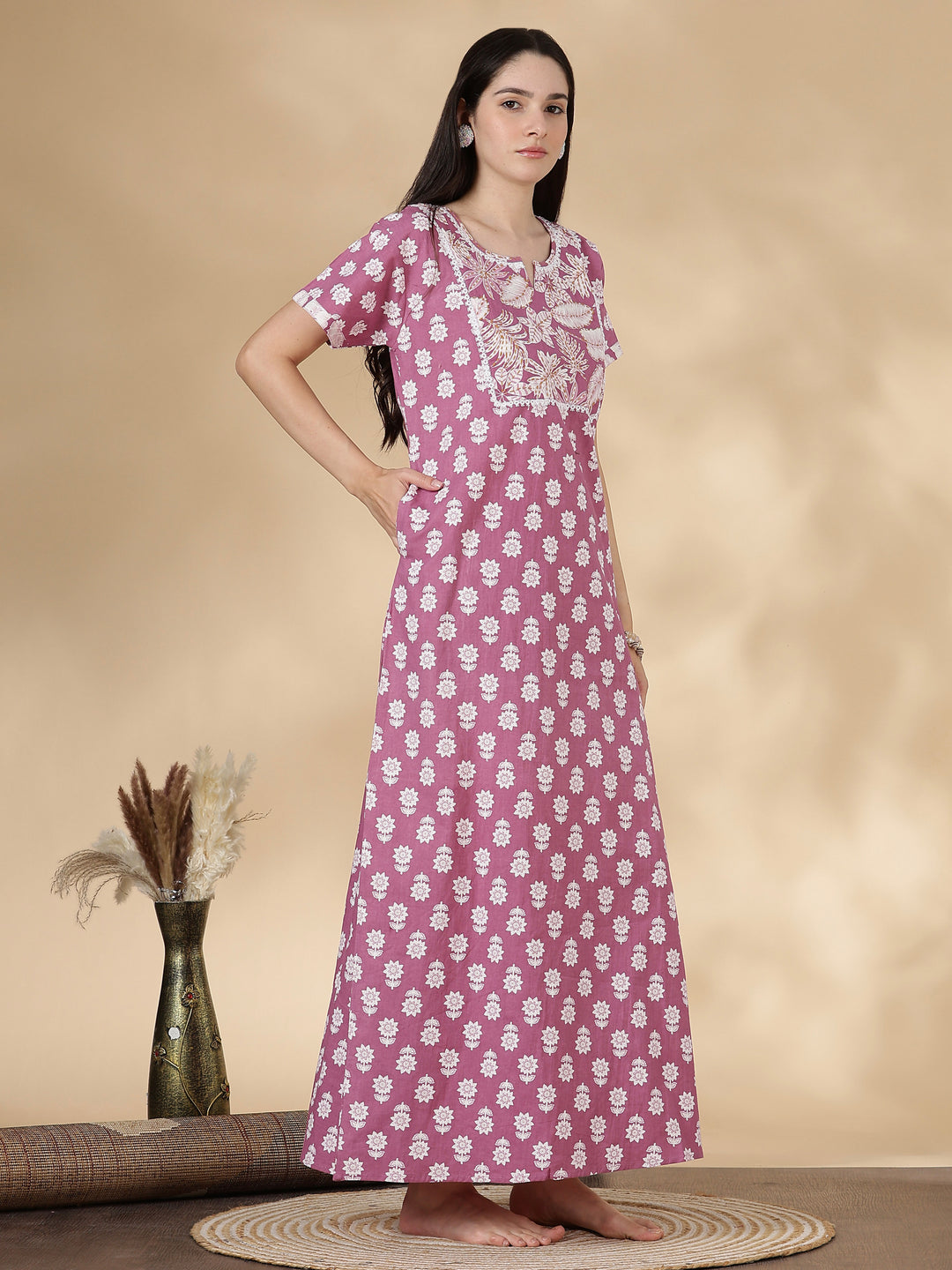 Tropica Mauve Pure Cotton Floral Kantha Work Nighty