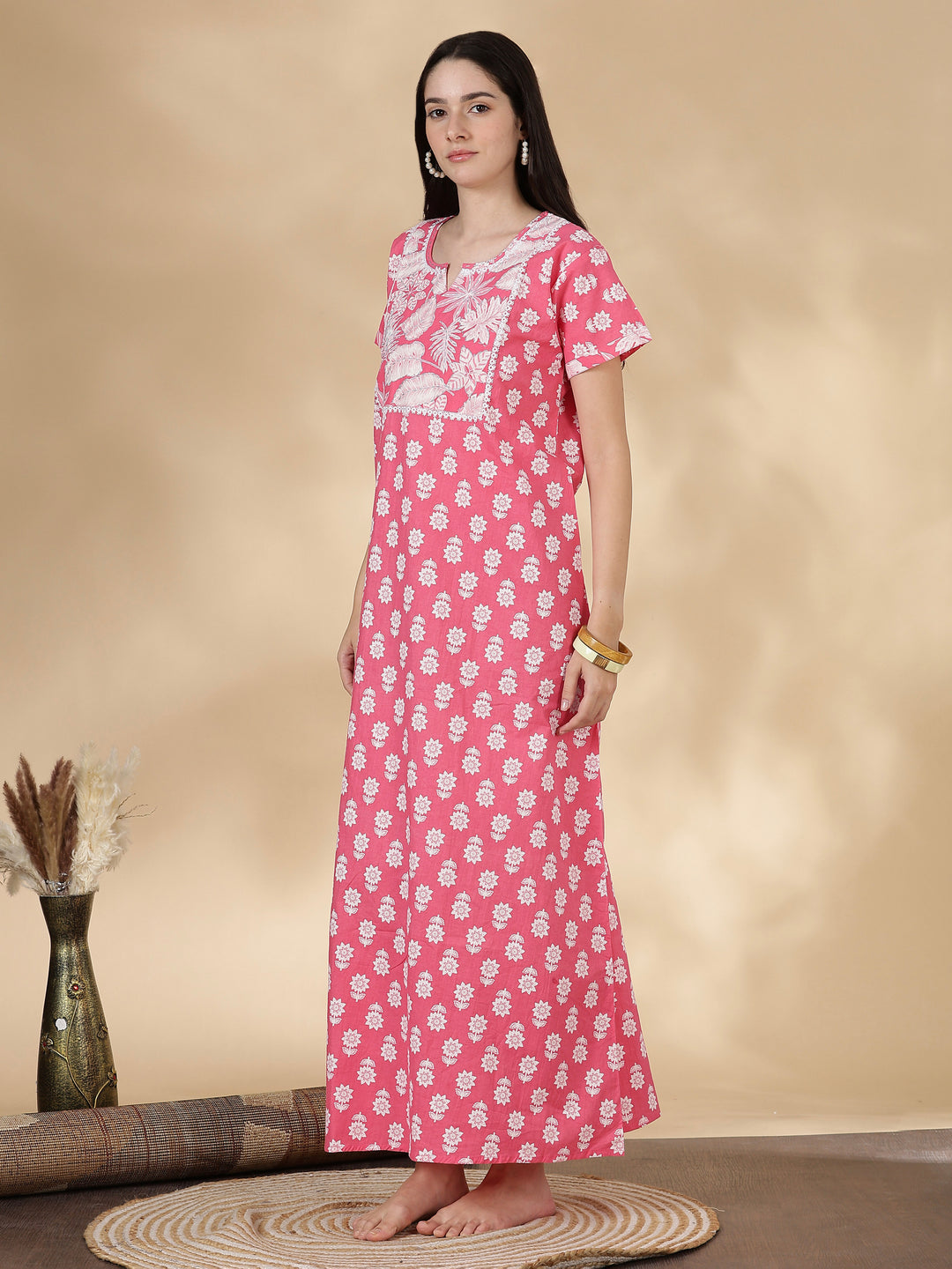 Tropica Pink Pure Cotton Floral Kantha Work Nighty