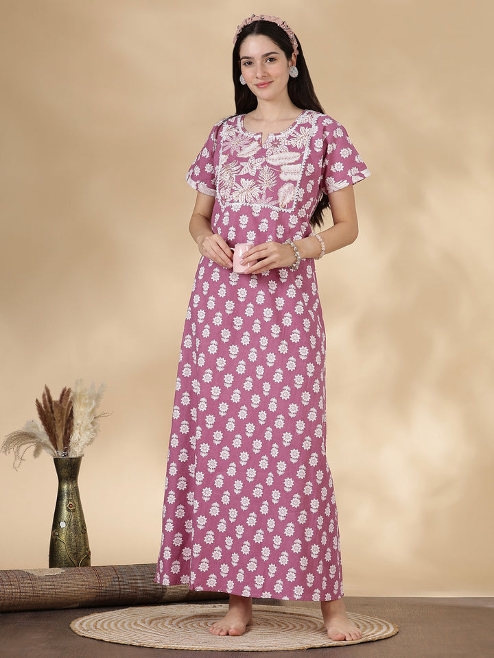 Tropica Mauve Pure Cotton Floral Kantha Work Nighty