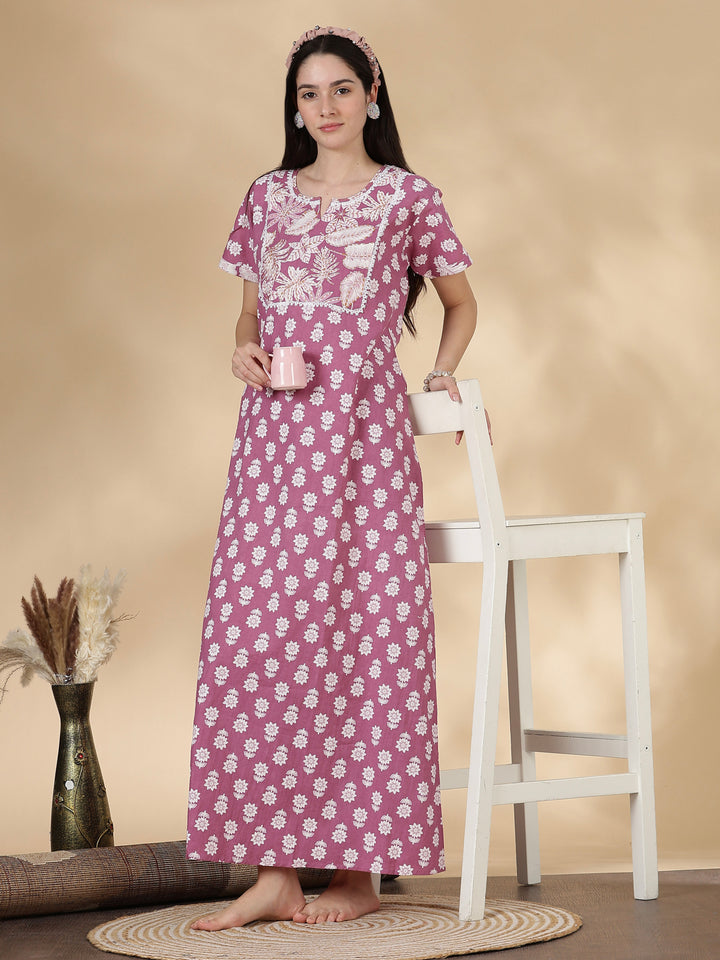Tropica Mauve Pure Cotton Floral Kantha Work Nighty