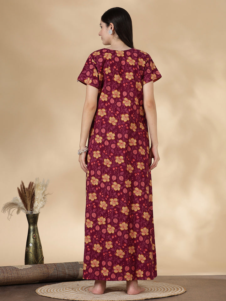 Pure Cotton Floral Nighty for Women with Embroidered Yoke