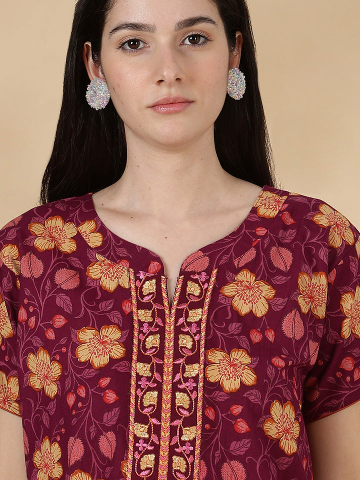 Pure Cotton Floral Nighty for Women with Embroidered Yoke
