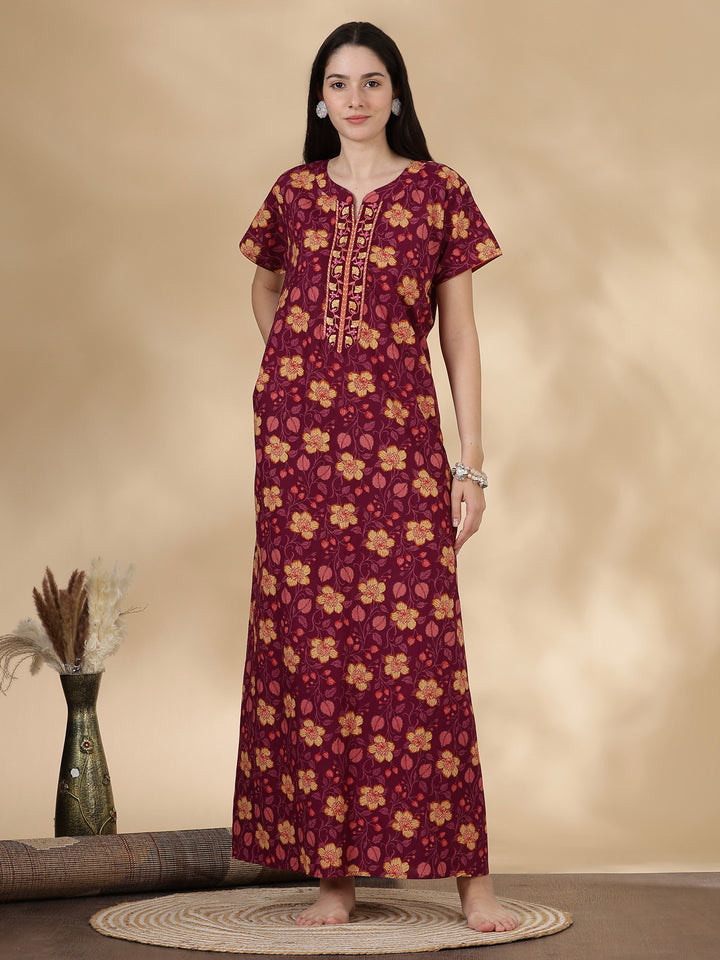 Pure Cotton Floral Nighty for Women with Embroidered Yoke
