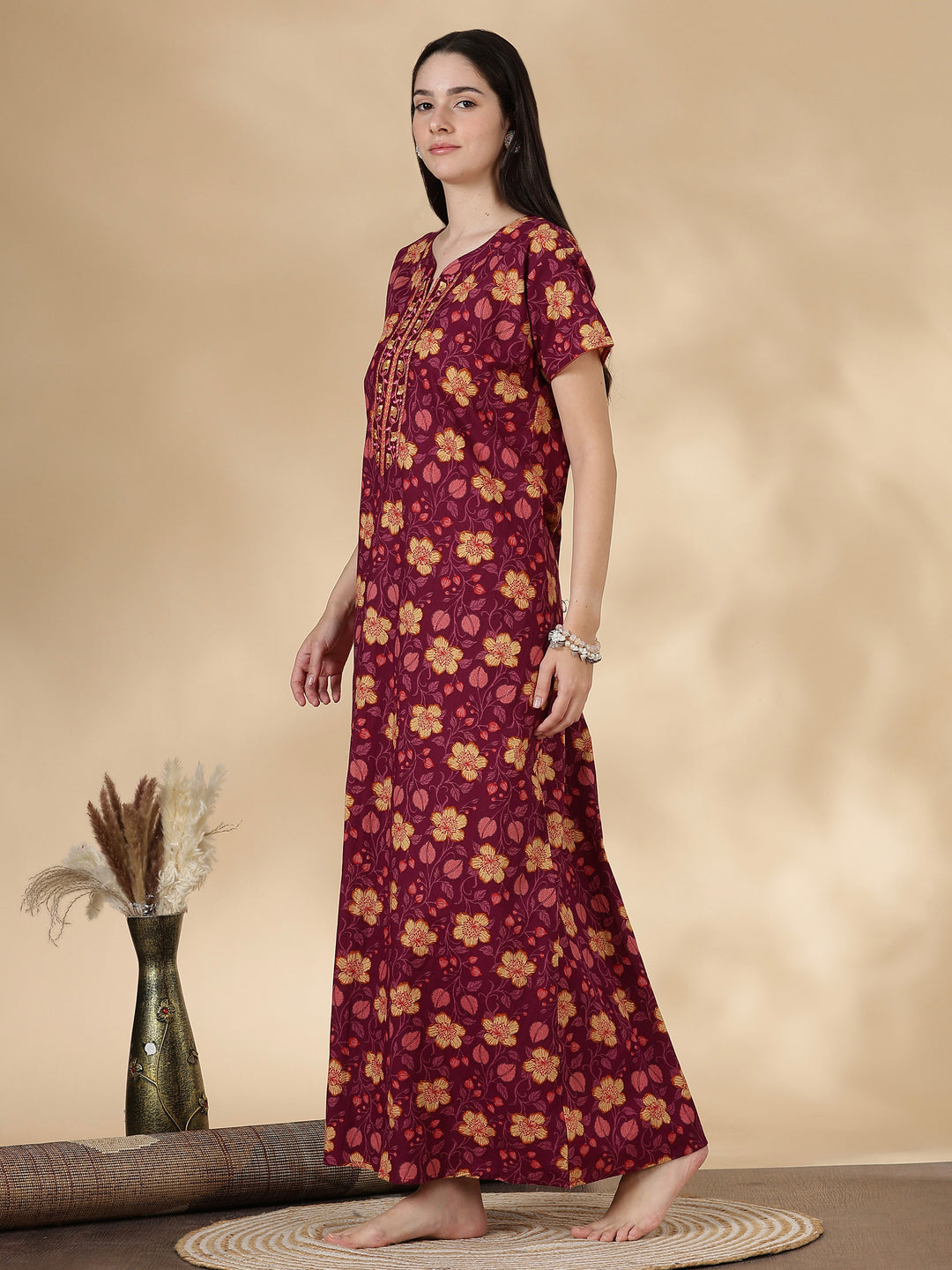 Pure Cotton Floral Nighty for Women with Embroidered Yoke