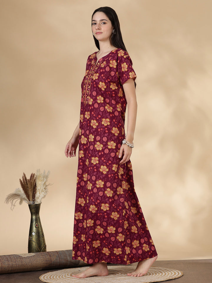 Pure Cotton Floral Nighty for Women with Embroidered Yoke