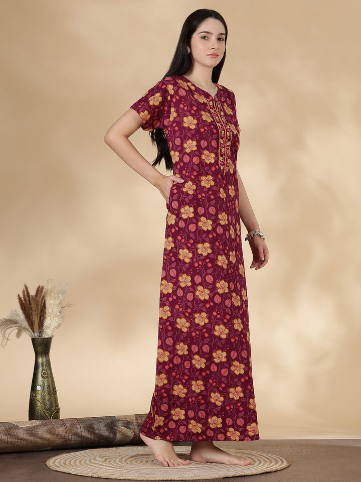 Pure Cotton Floral Nighty for Women with Embroidered Yoke