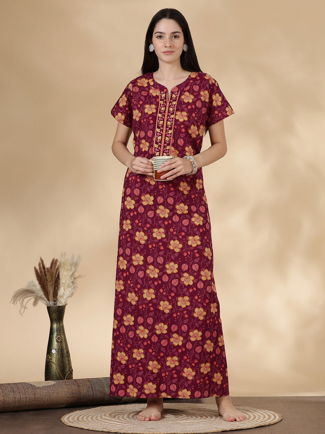 Pure Cotton Floral Nighty for Women with Embroidered Yoke