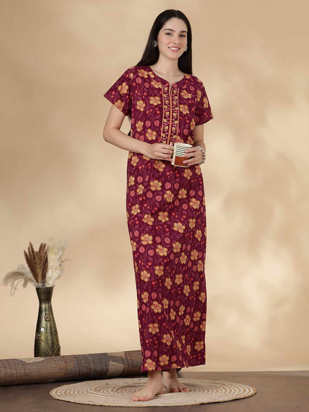 Pure Cotton Floral Nighty for Women with Embroidered Yoke