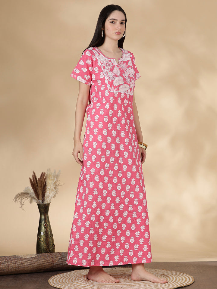Tropica Pink Pure Cotton Floral Kantha Work Nighty