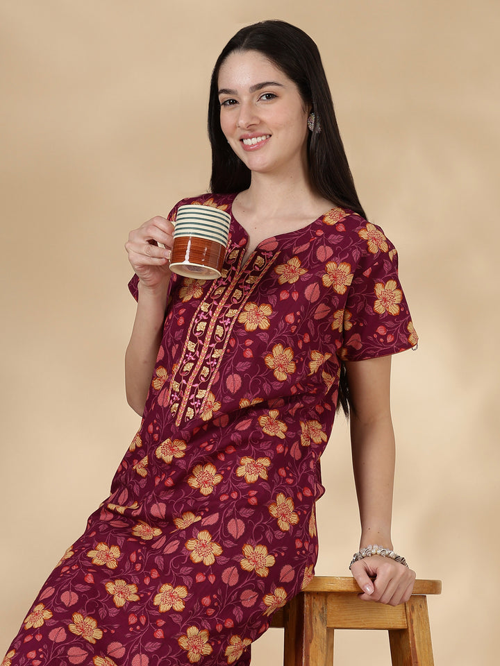 Pure Cotton Floral Nighty for Women with Embroidered Yoke