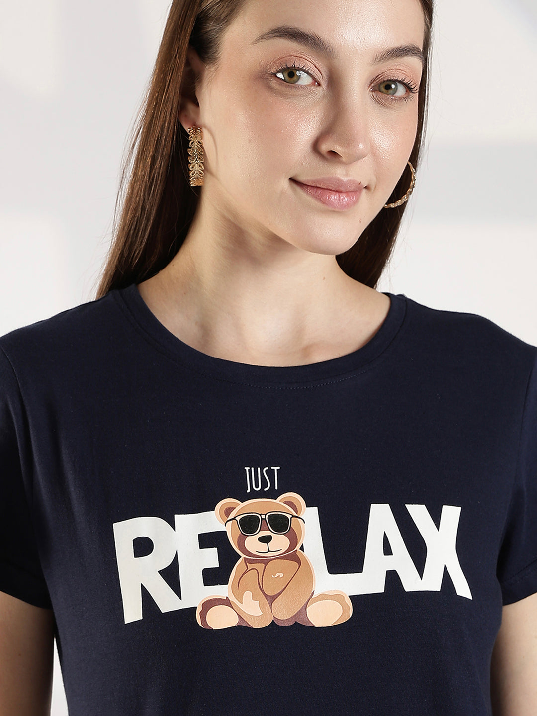 Dark Navy Knee Length Cotton Nighty for Women Relaxed Fit Graphic Print