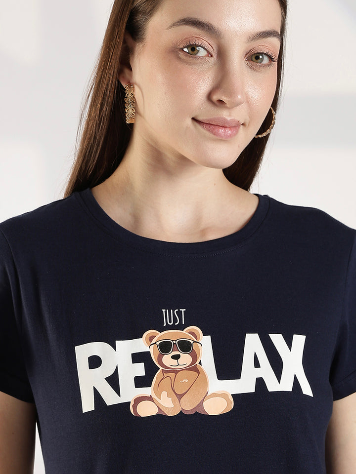 Dark Navy Knee Length Cotton Nighty for Women Relaxed Fit Graphic Print