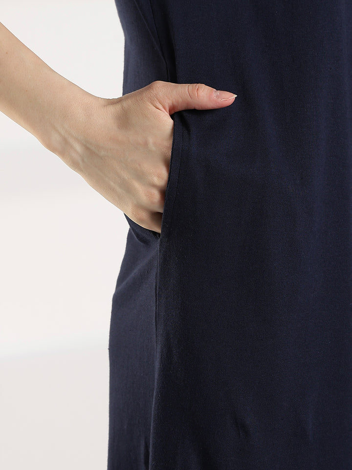 Dark Navy Knee Length Cotton Nighty for Women Relaxed Fit Graphic Print