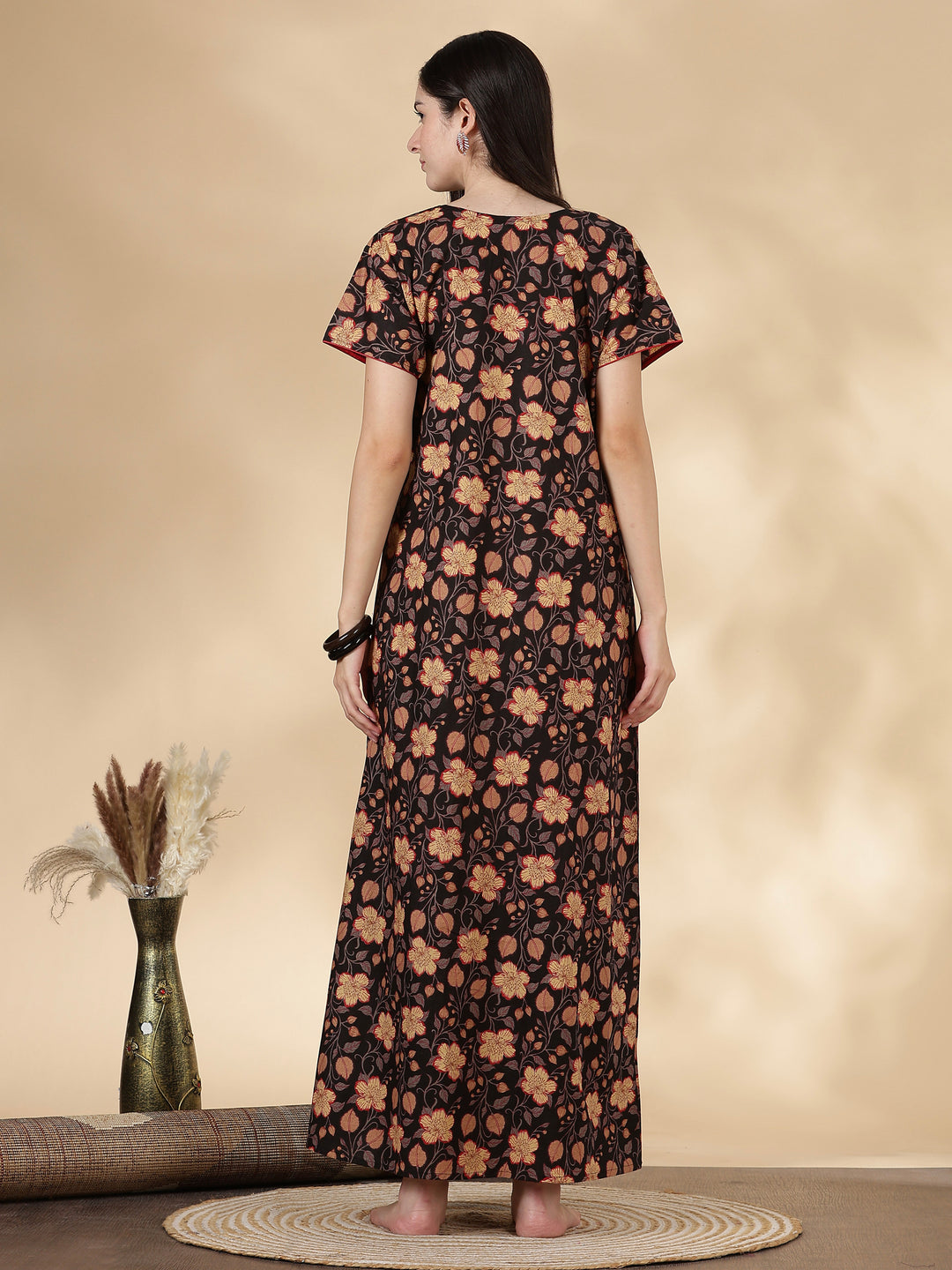 Black Floral Cotton Nighty for Women with Embroidered Neck