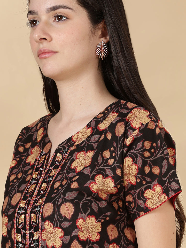 Black Floral Cotton Nighty for Women with Embroidered Neck