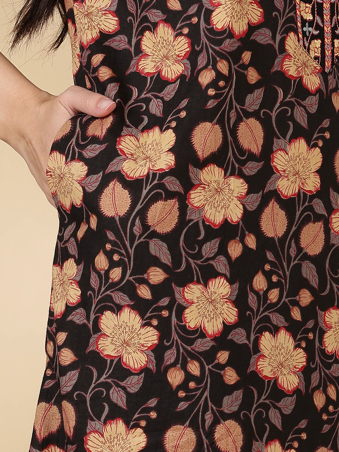 Black Floral Cotton Nighty for Women with Embroidered Neck