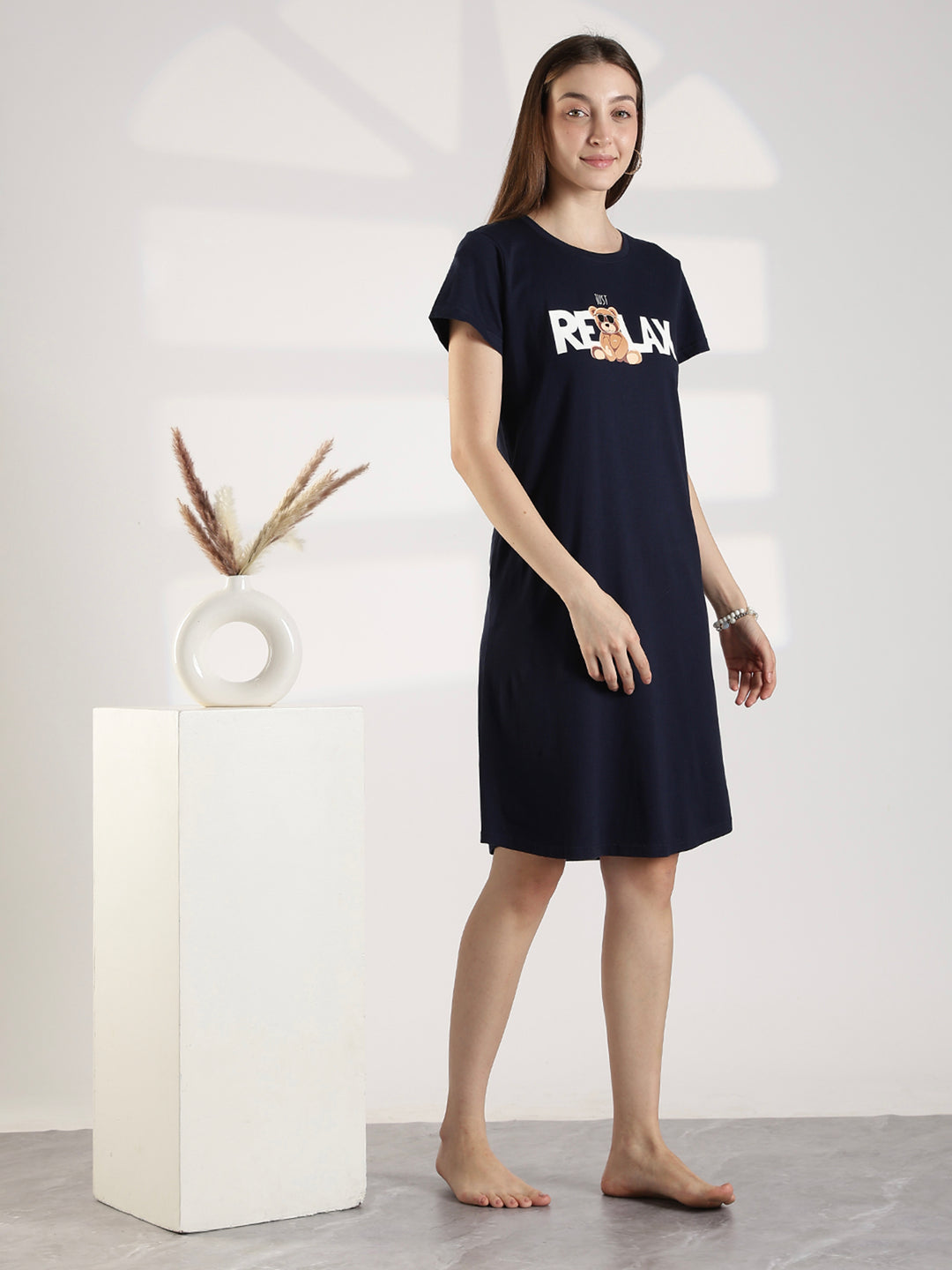 Dark Navy Knee Length Cotton Nighty for Women Relaxed Fit Graphic Print