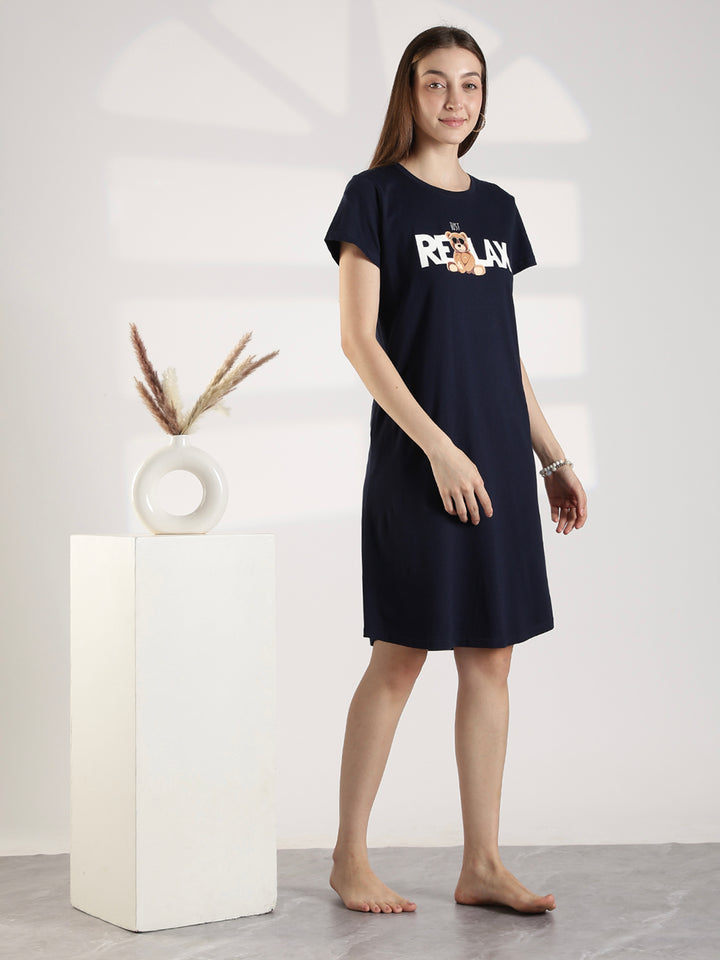 Dark Navy Knee Length Cotton Nighty for Women Relaxed Fit Graphic Print