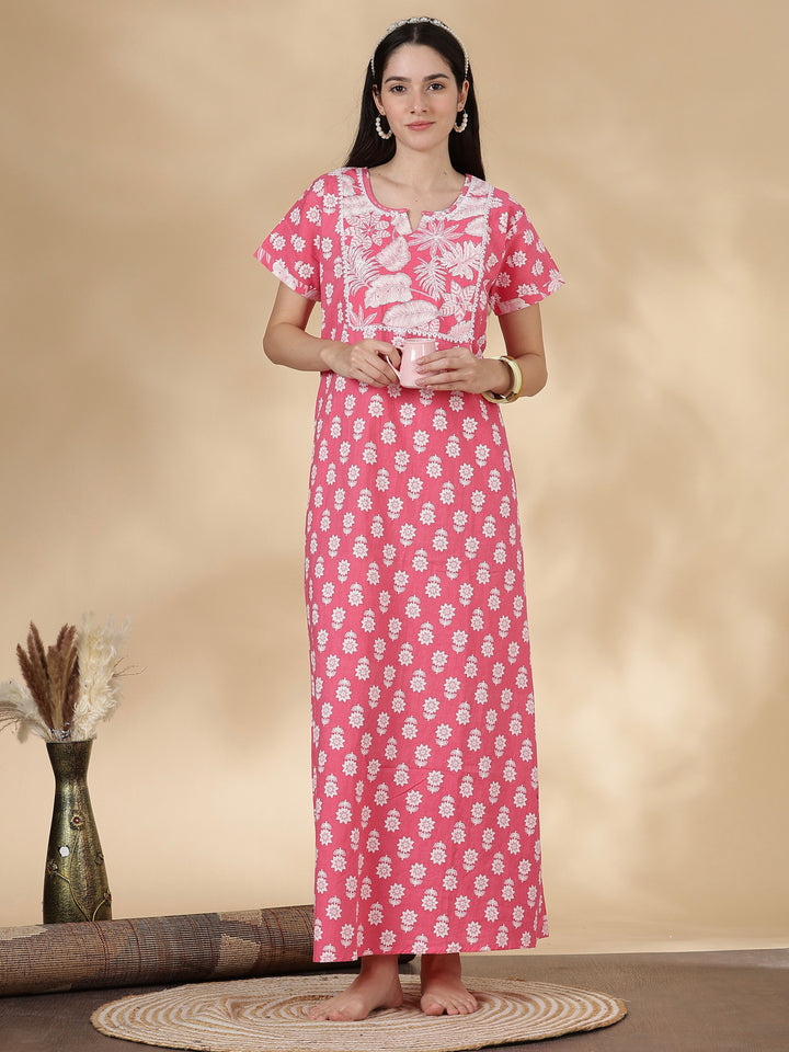 Tropica Pink Pure Cotton Floral Kantha Work Nighty