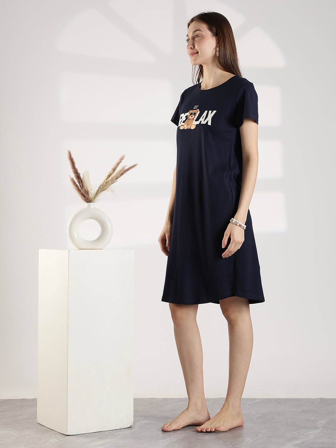 Dark Navy Knee Length Cotton Nighty for Women Relaxed Fit Graphic Print