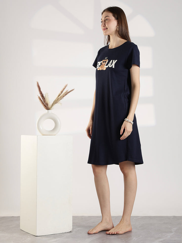 Dark Navy Knee Length Cotton Nighty for Women Relaxed Fit Graphic Print