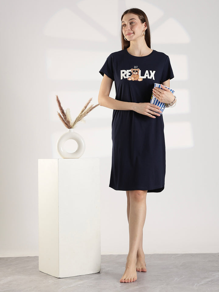 Dark Navy Knee Length Cotton Nighty for Women Relaxed Fit Graphic Print