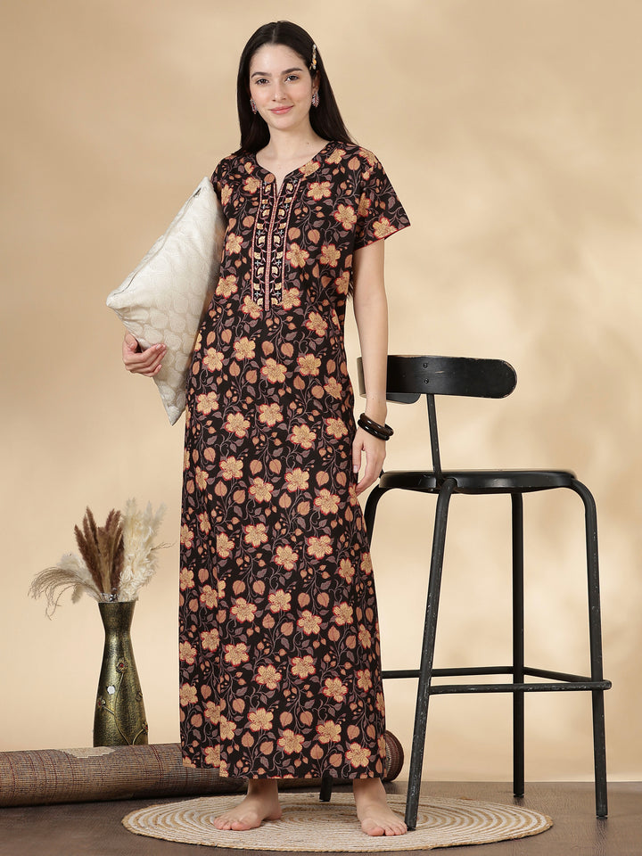 Black Floral Cotton Nighty for Women with Embroidered Neck