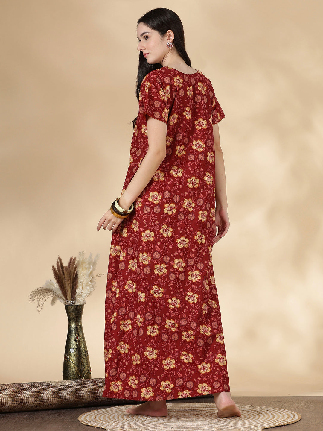 Rust Floral Pure Cotton Nighty for Women with Pocket