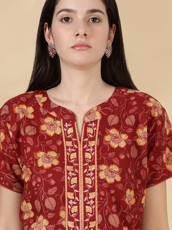 Rust Floral Pure Cotton Nighty for Women with Pocket