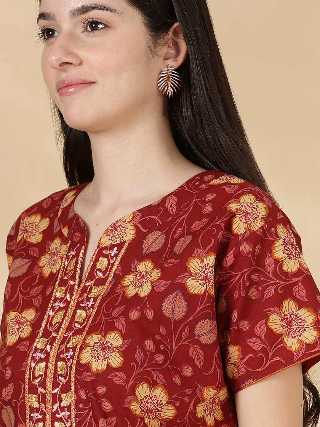 Rust Floral Pure Cotton Nighty for Women with Pocket