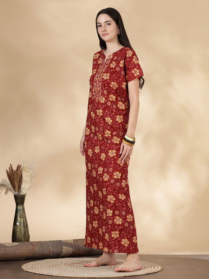 Rust Floral Pure Cotton Nighty for Women with Pocket