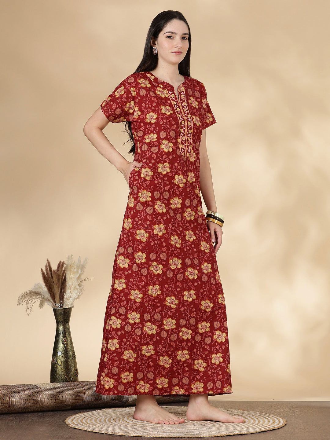 Rust Floral Pure Cotton Nighty for Women with Pocket
