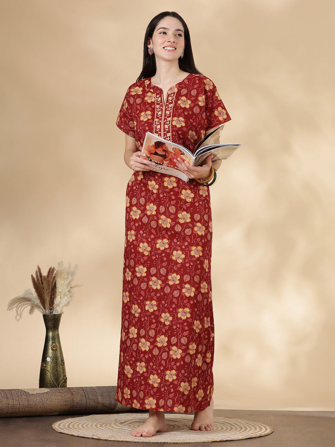Rust Floral Pure Cotton Nighty for Women with Pocket
