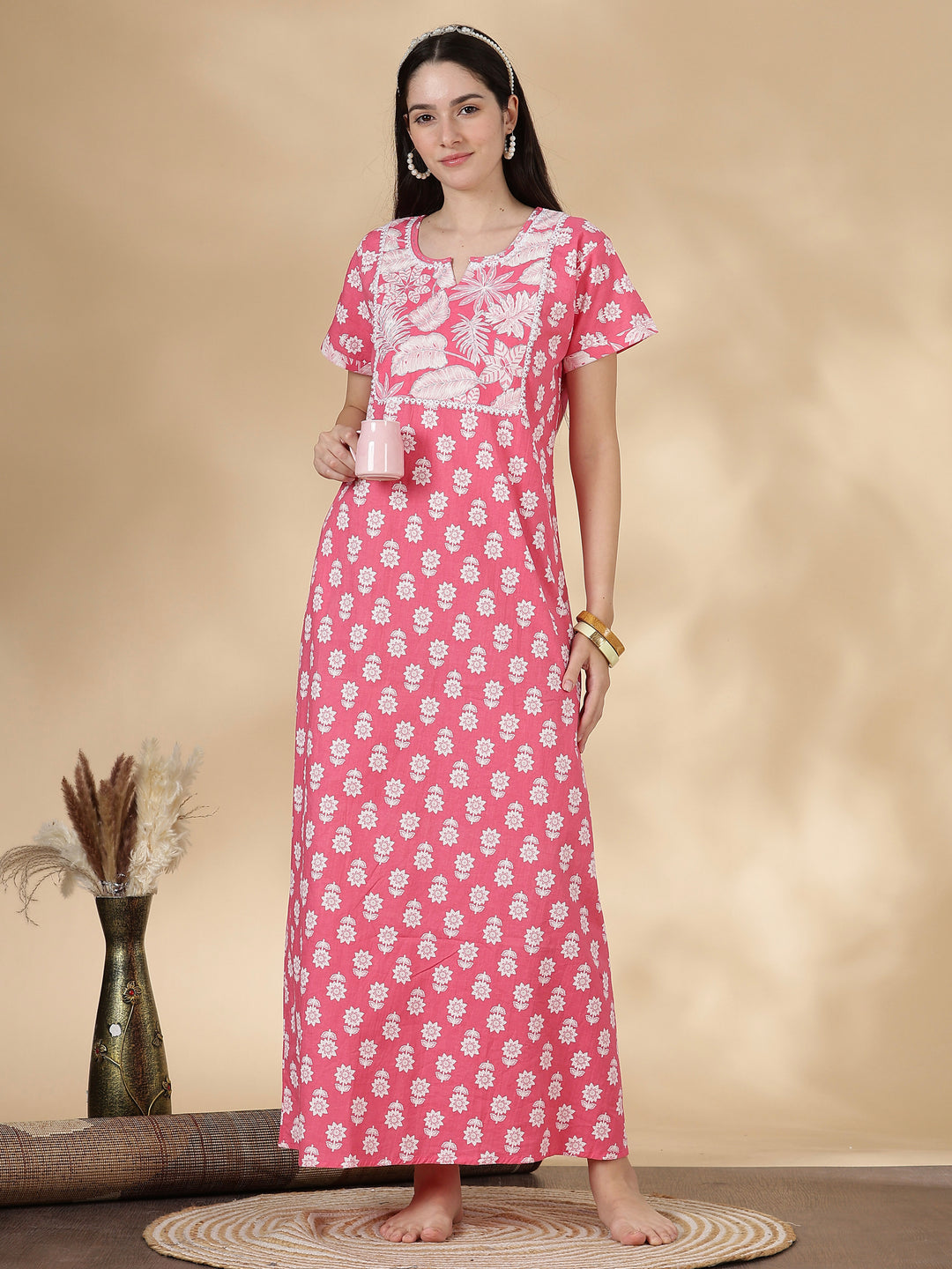 Tropica Pink Pure Cotton Floral Kantha Work Nighty