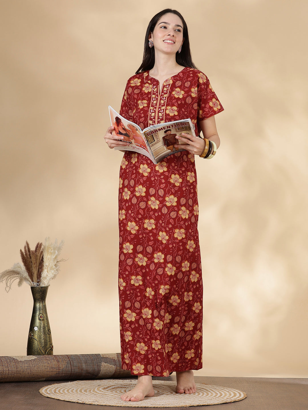 Rust Floral Pure Cotton Nighty for Women with Pocket
