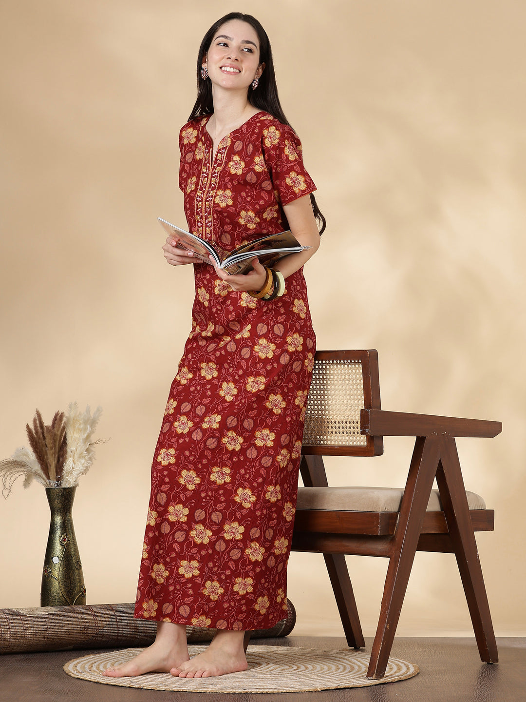 Rust Floral Pure Cotton Nighty for Women with Pocket