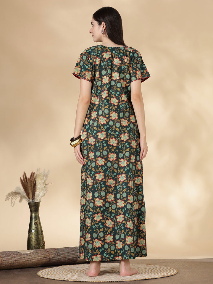 Pure Cotton Green Floral Nighty for Women Relaxed Fit
