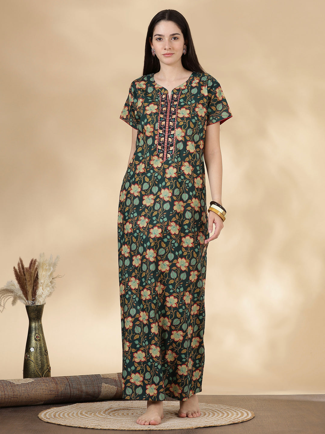Pure Cotton Green Floral Nighty for Women Relaxed Fit